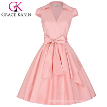 Grace Karin Cap Ärmel Reverskragen V-Ausschnitt Retro Vintage High-Stretchy Pink Party Kleid CL008953-4